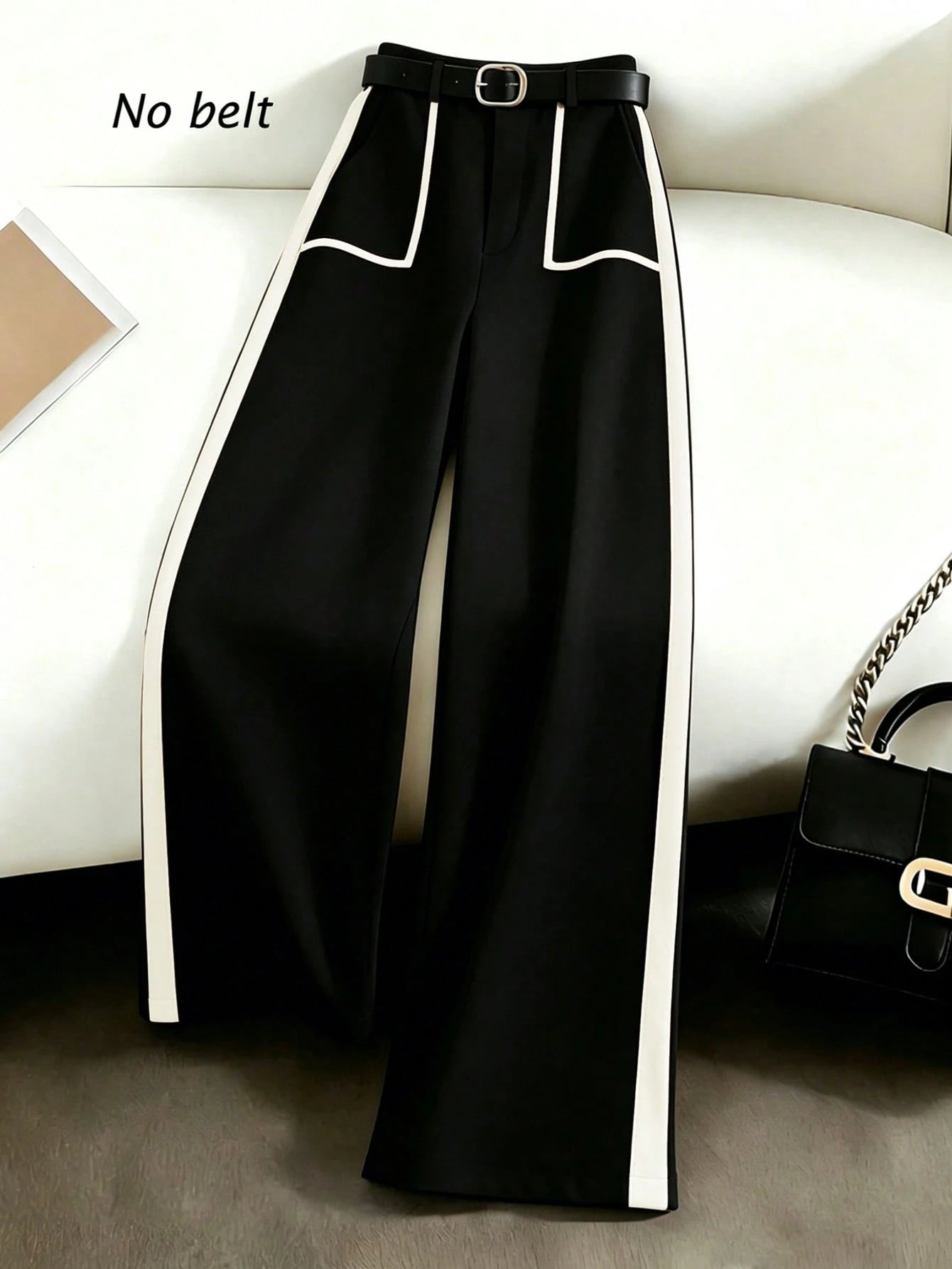 Rafferiza Women Summer Elegant Black And White Patchwork Wide Leg Straight Pants,Winter Office Business Casual Fashion Commuter Versatile Loose Pants
