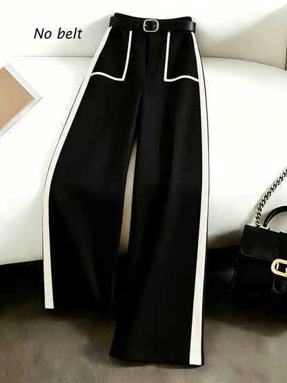 Rafferiza Women Summer Elegant Black And White Patchwork Wide Leg Straight Pants,Winter Office Business Casual Fashion Commuter Versatile Loose Pants