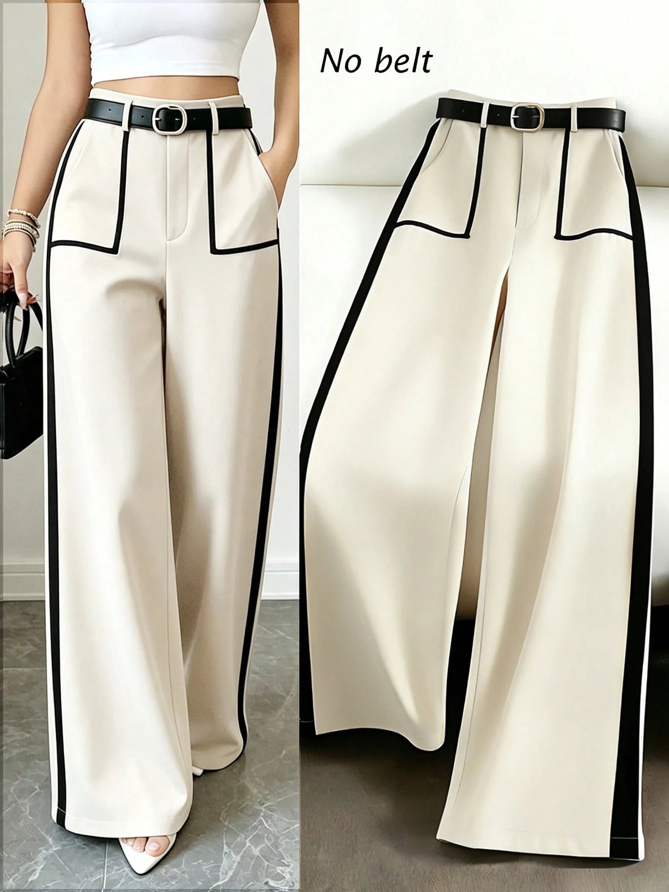 Rafferiza Women Summer Elegant Black And White Patchwork Wide Leg Straight Pants,Winter Office Business Casual Fashion Commuter Versatile Loose Pants