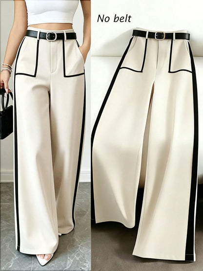 Rafferiza Women Summer Elegant Black And White Patchwork Wide Leg Straight Pants,Winter Office Business Casual Fashion Commuter Versatile Loose Pants