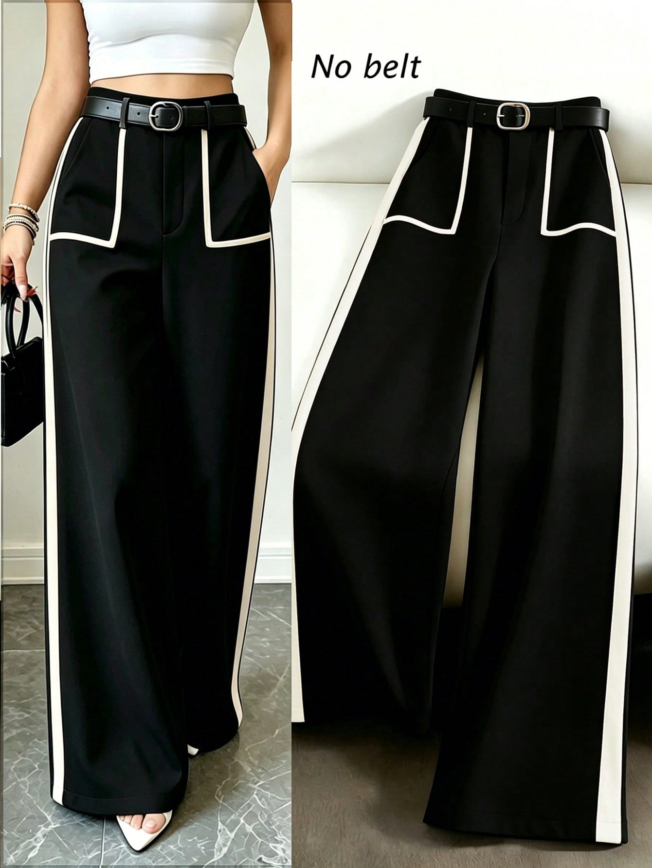 Rafferiza Women Summer Elegant Black And White Patchwork Wide Leg Straight Pants,Winter Office Business Casual Fashion Commuter Versatile Loose Pants