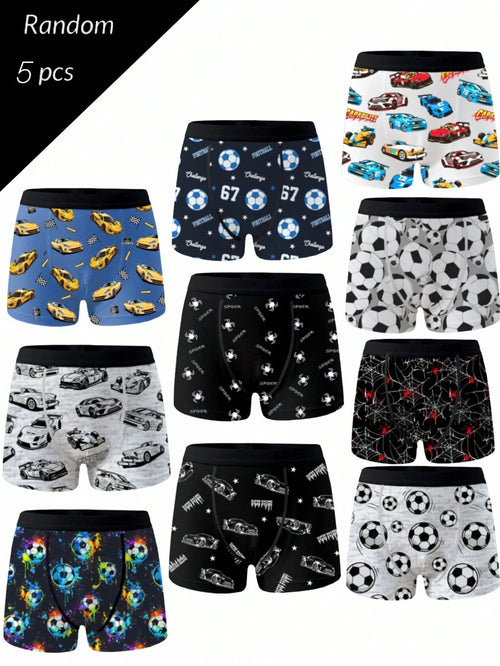 Random 5 Packs Teen Boys Boxer Briefs With Assorted Pixel Football And Car Prints, Skin-Friendly