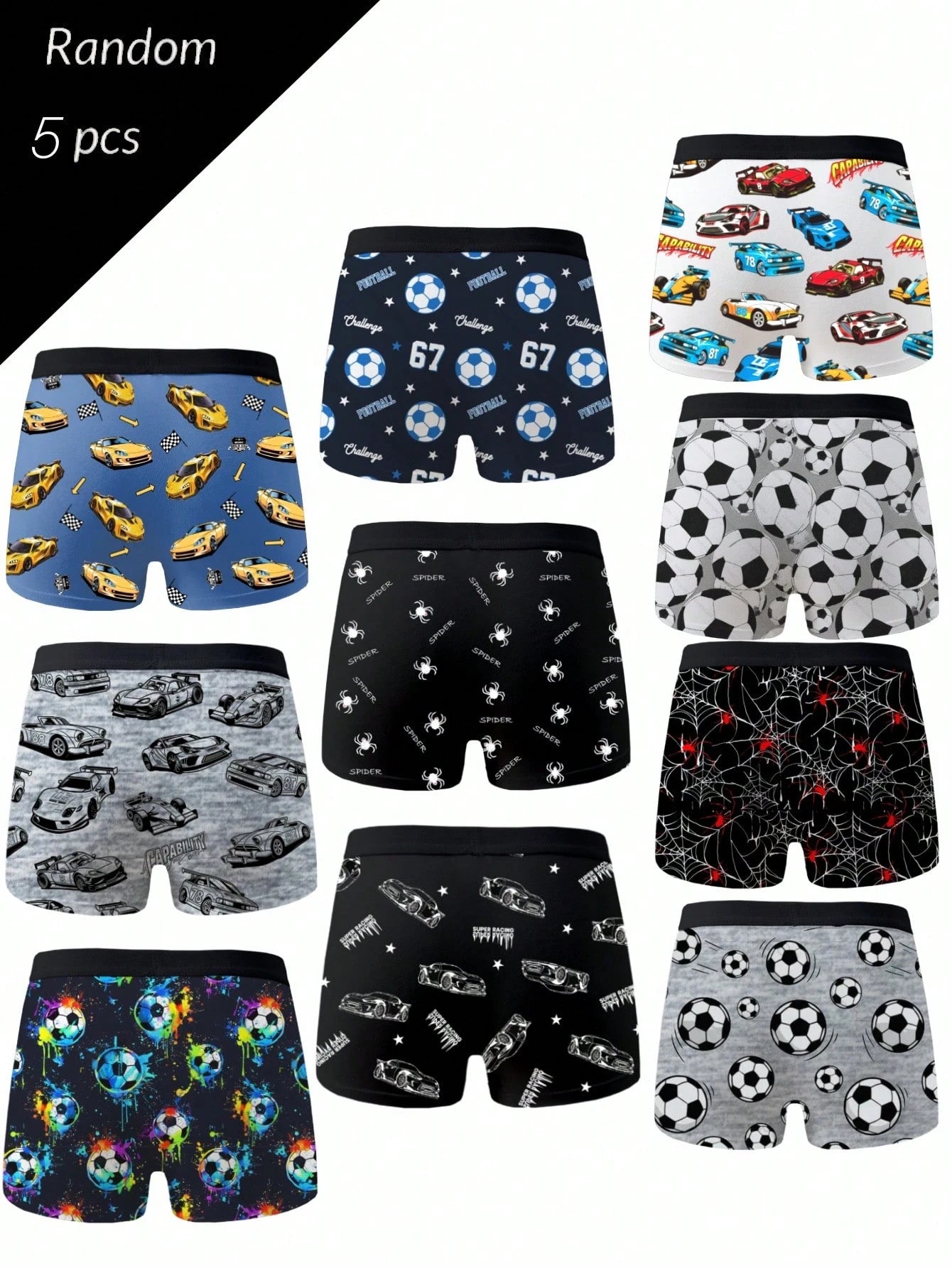 Random 5 Packs Teen Boys Boxer Briefs With Assorted Pixel Football And Car Prints, Skin-Friendly