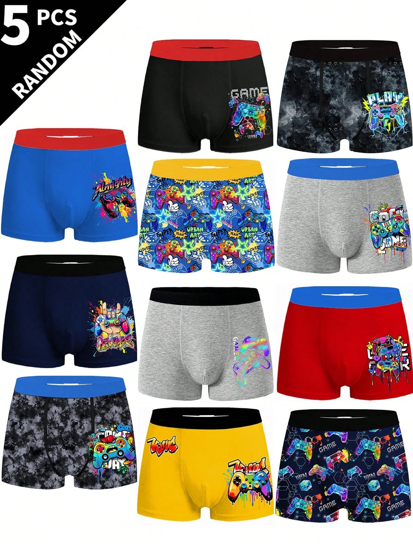 Random 5 Packs Teen Boys Boxer Briefs With Assorted Pixel Football And Car Prints, Skin-Friendly