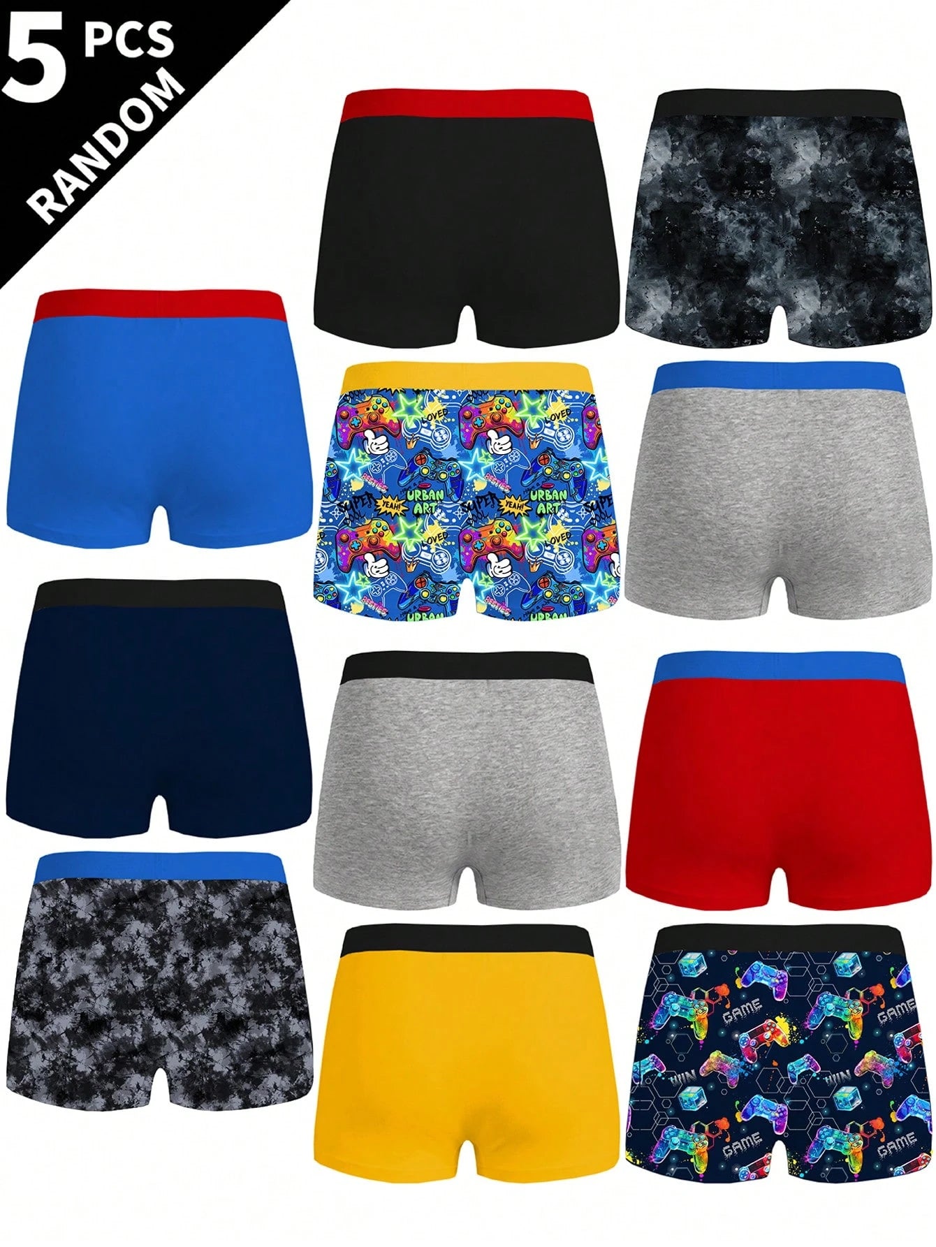 Random 5 Packs Teen Boys Boxer Briefs With Assorted Pixel Football And Car Prints, Skin-Friendly