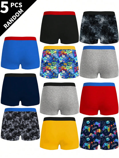 Random 5 Packs Teen Boys Boxer Briefs With Assorted Pixel Football And Car Prints, Skin-Friendly