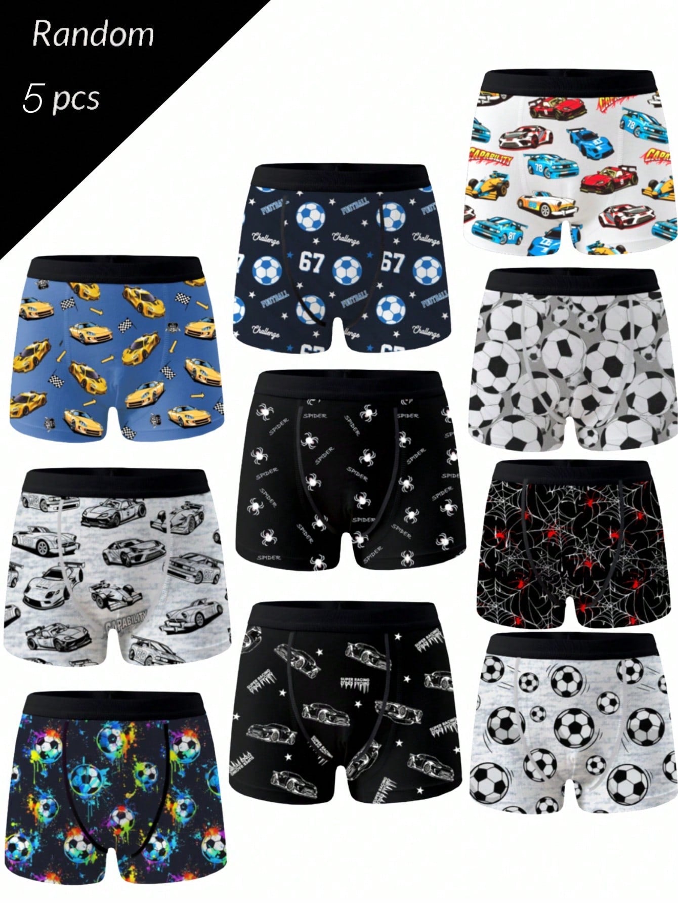 Random 5 Packs Teen Boys Boxer Briefs With Assorted Pixel Football And Car Prints, Skin-Friendly