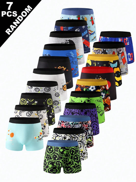 Random 7Pcs Boys' Comfortable Printed Sports & Skateboard Design Boxer Briefs, Fashionable Cartoon Print Underwear