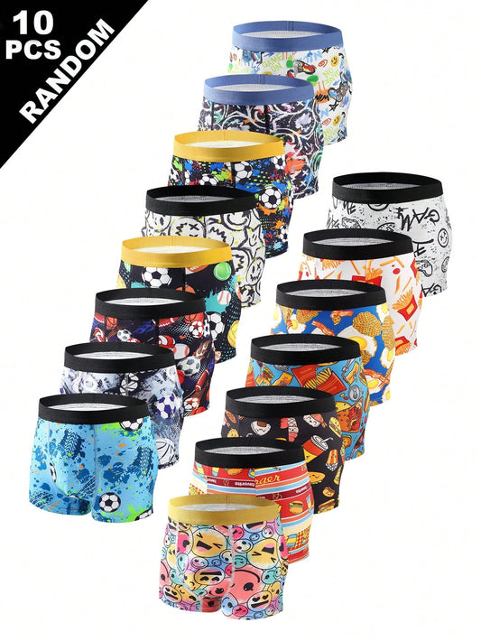 Random 7Pcs Boys' Comfortable Smiling Face Basketball Football Print Boxer Briefs Cartoon Underwear