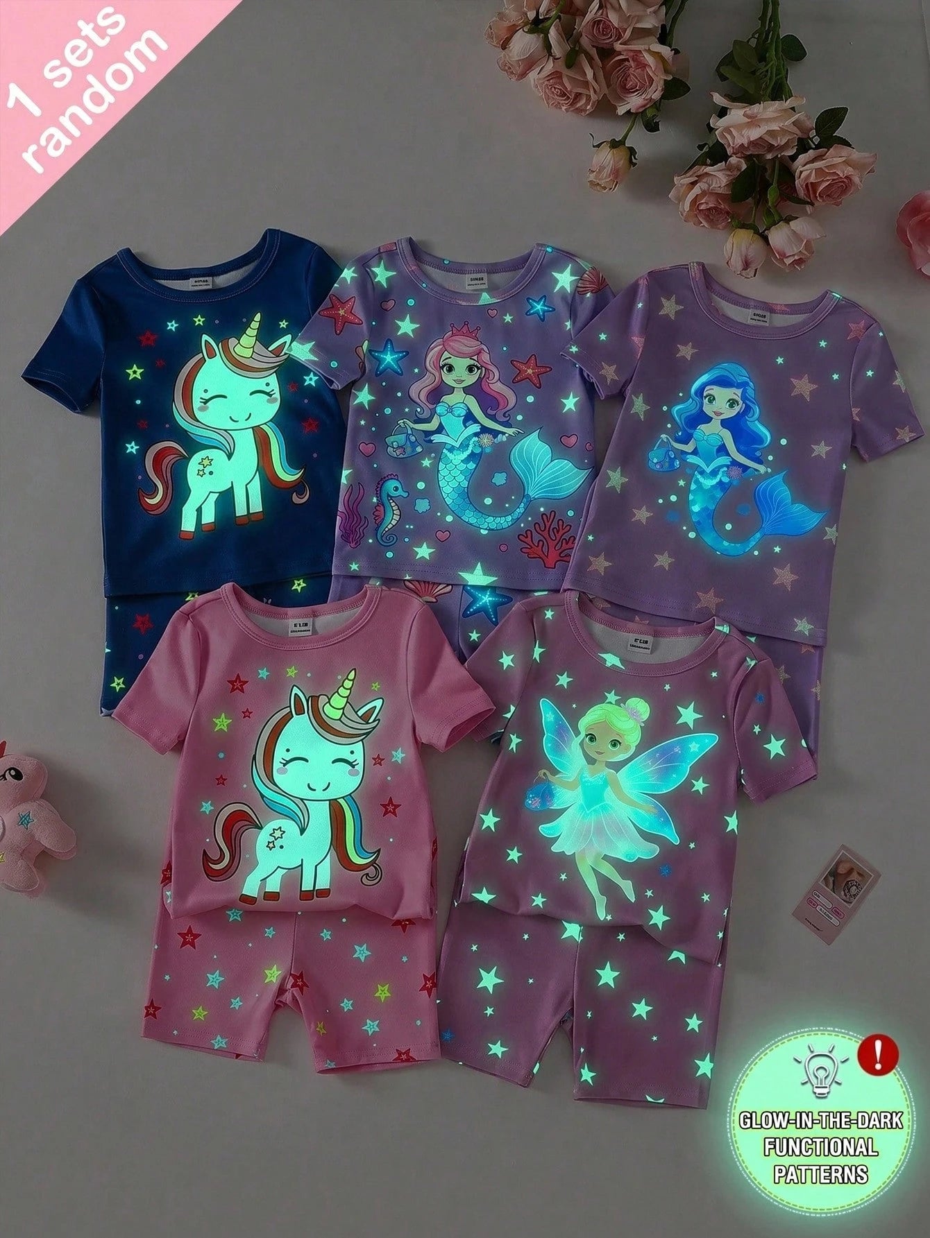 Randomly Sent 1 Set Baby Girl Sweet Cute Elegant Casual Daily Comfortable Soft Skin-Friendly Knit High Elasticity Tight Fabric Fun Multicolor Unicorn Mermaid Princess Fairy Cartoon Glow-In-The-Dark Pr