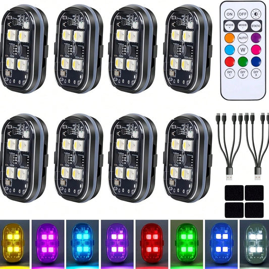 Rechargeable LED Strobe Lights 8 Pack, USB-C RGB Flashing Safety Lights With Wireless Remote, 4 LED Beads, 8 Colors, 10 Modes, IP65 Waterproof Lights For Bicycle, Motorcycle, Car, Camping