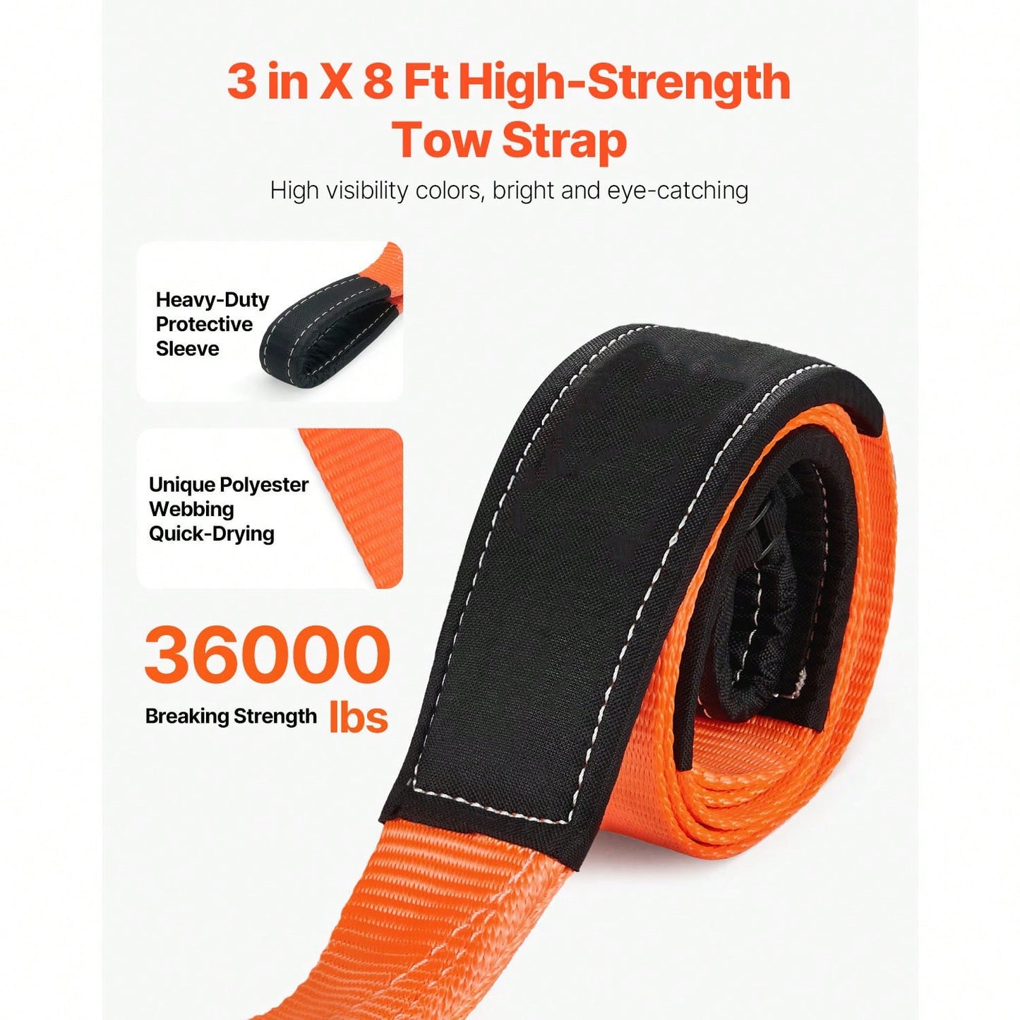 Recovery Tow Strap 3 Inches, 8 Feet 36,000 Lbs Break Strength, Triple Reinforced Loop Straps, Tree Saver, Winch Line Extension Strap, Off Road Towing And Recovery, Extreme Weather Resistance