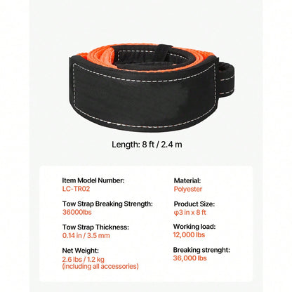 Recovery Tow Strap 3 Inches, 8 Feet 36,000 Lbs Break Strength, Triple Reinforced Loop Straps, Tree Saver, Winch Line Extension Strap, Off Road Towing And Recovery, Extreme Weather Resistance
