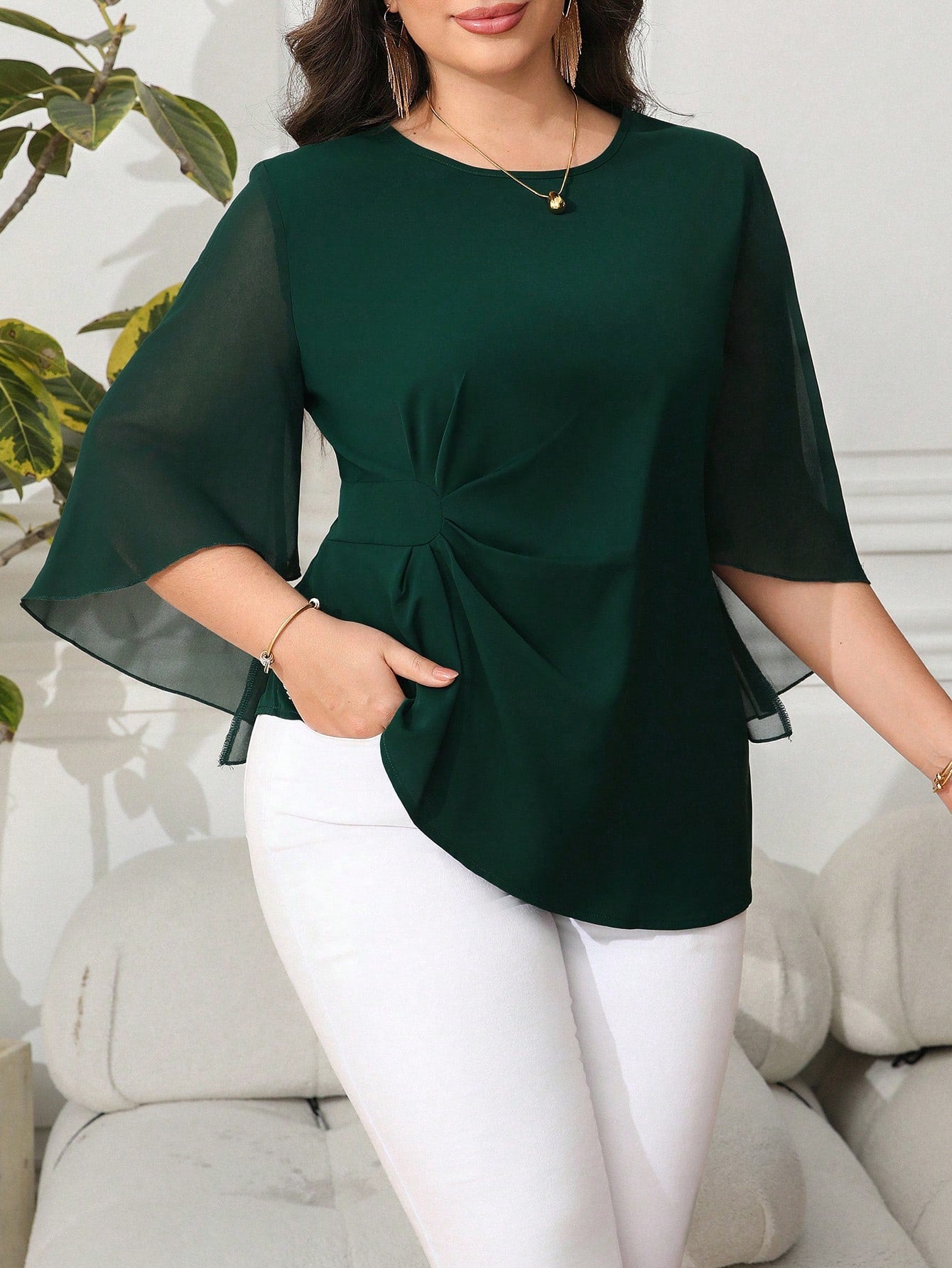 Reflora Plus Size Women's Dark Green Elegant Blouse Autumn Dinner Tops Stylish Casual Office Formal Business Wear Modest Wedding Guest Teachers' Day 2025 New