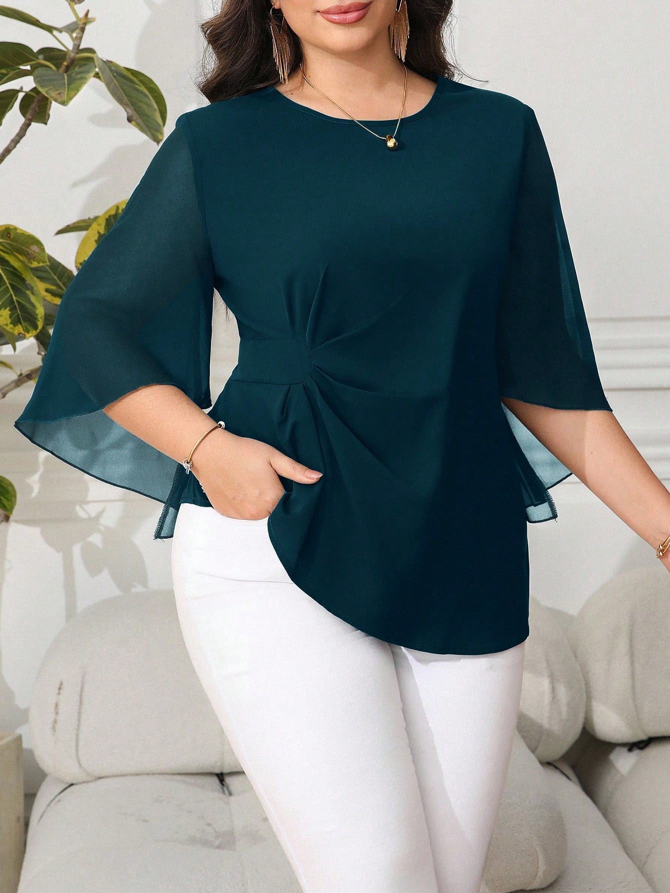 Reflora Plus Size Women's Dark Green Elegant Blouse Autumn Dinner Tops Stylish Casual Office Formal Business Wear Modest Wedding Guest Teachers' Day 2025 New