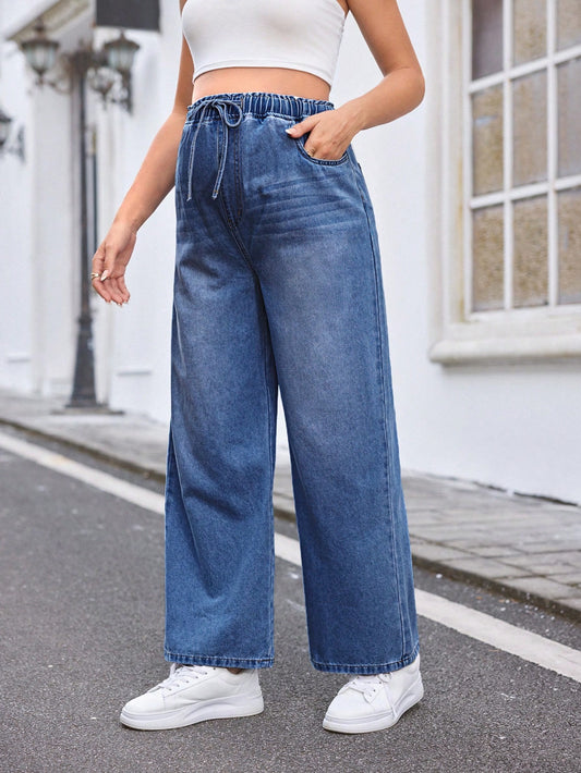 Relaxed Wide-Leg Jeans, Blue,Summer Boho Thin Denim Wide-Leg Pants