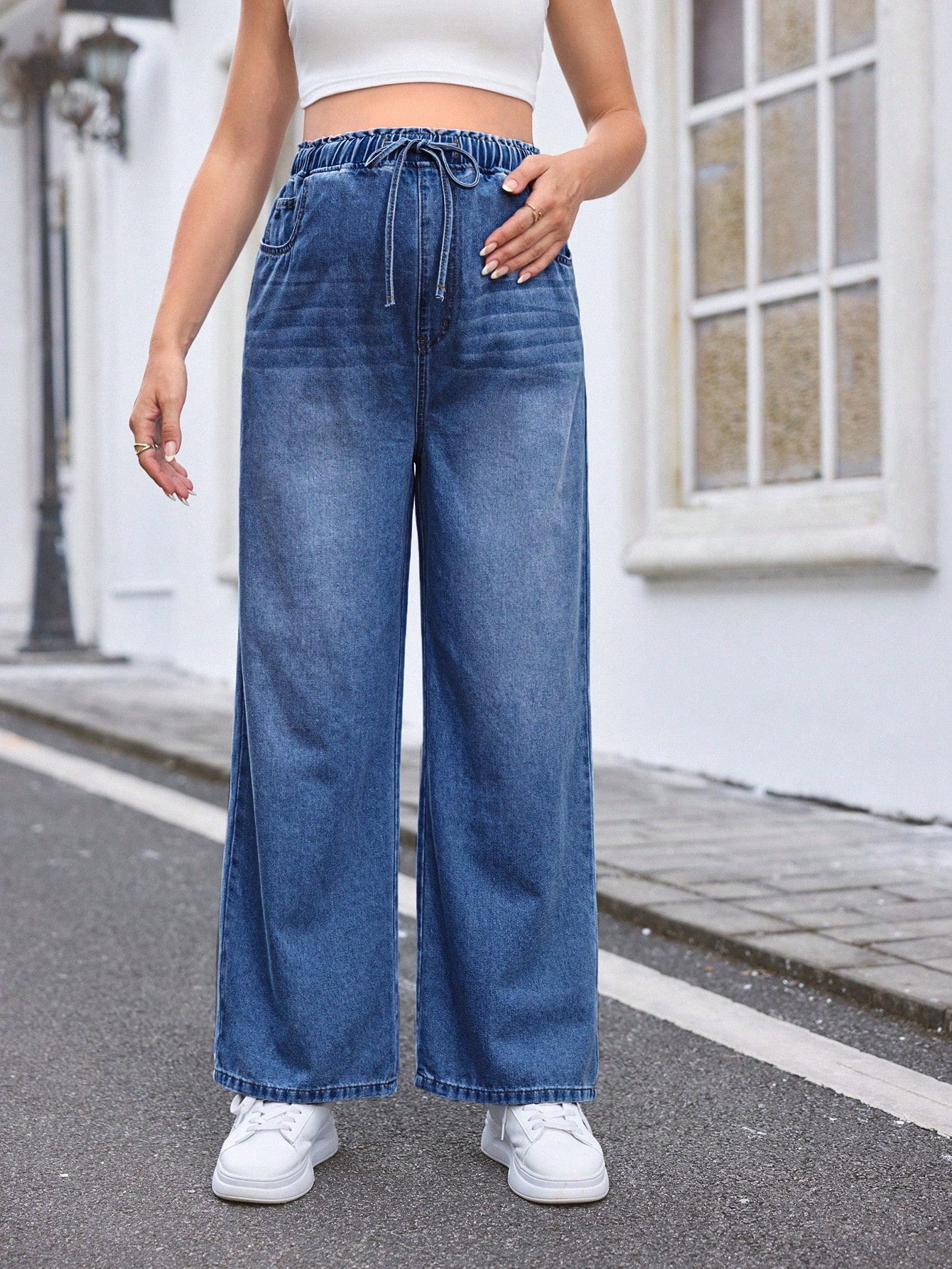 Relaxed Wide-Leg Jeans, Blue,Summer Boho Thin Denim Wide-Leg Pants