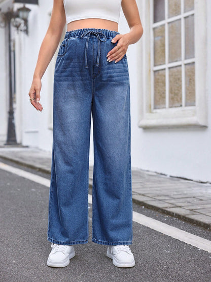 Relaxed Wide-Leg Jeans, Blue,Summer Boho Thin Denim Wide-Leg Pants