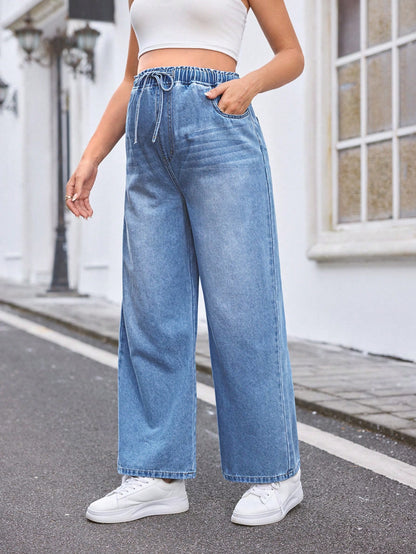 Relaxed Wide-Leg Jeans, Blue,Summer Boho Thin Denim Wide-Leg Pants