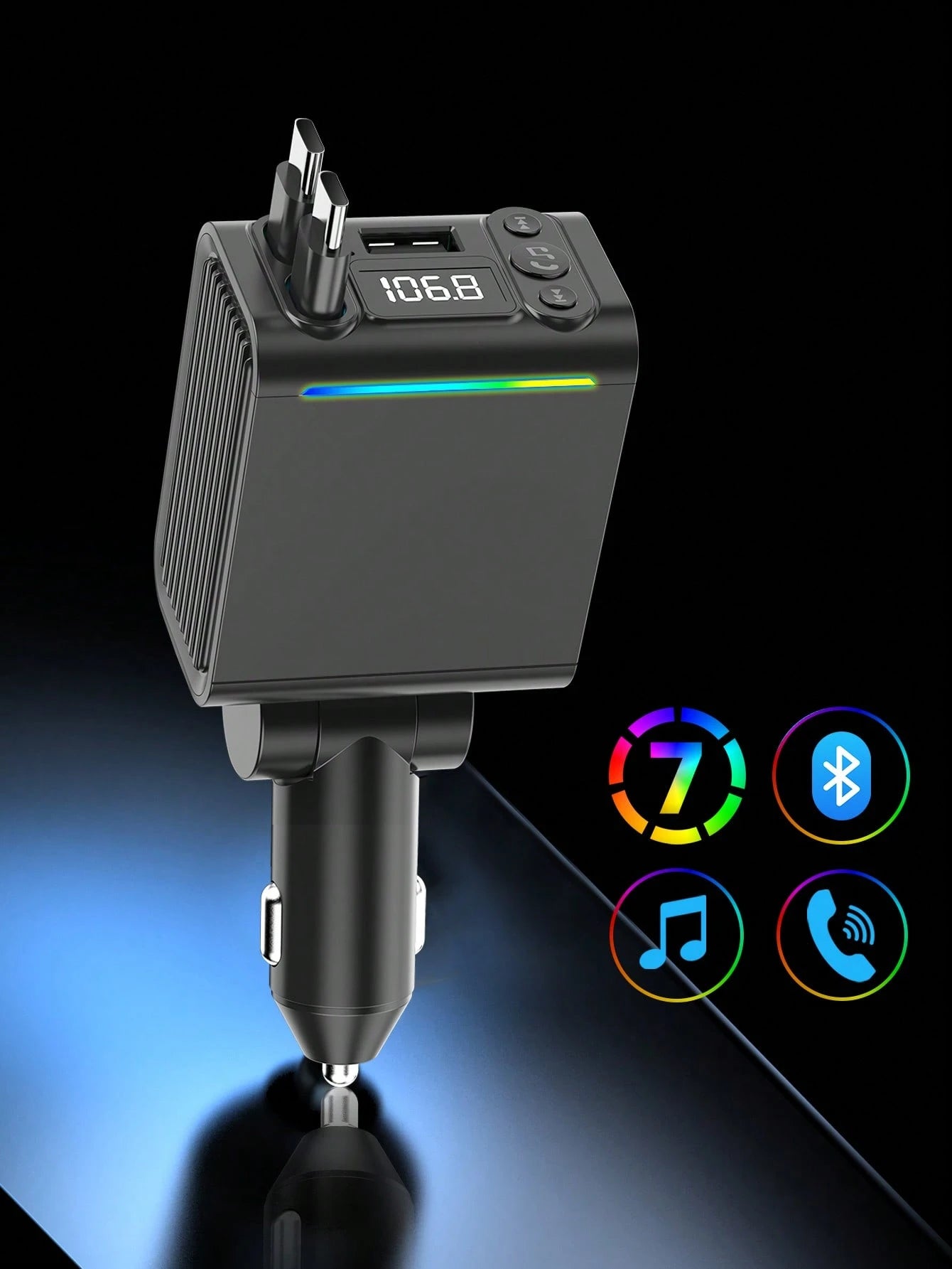 REMAX Bluetooth Car Charger With RGB Lighting And 29-Inch Retractable Cable; Supports PD 30W Fast Charging; Bluetooth 5.3, Supports Hands-Free Calling/Music Playback; Auto Reconnect; Type-C Interface