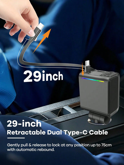 REMAX Bluetooth Car Charger With RGB Lighting And 29-Inch Retractable Cable; Supports PD 30W Fast Charging; Bluetooth 5.3, Supports Hands-Free Calling/Music Playback; Auto Reconnect; Type-C Interface