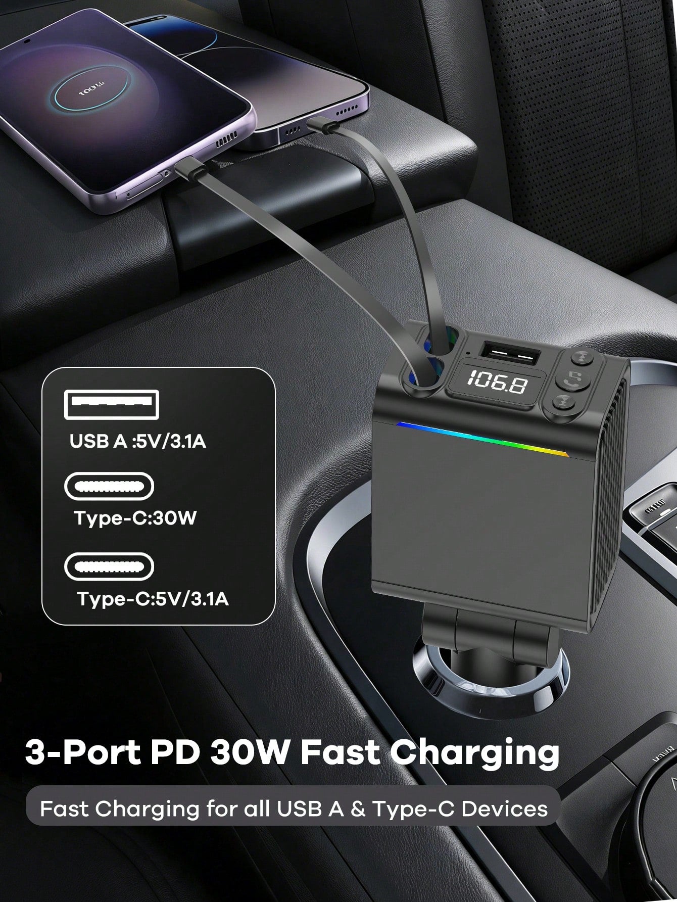 REMAX Bluetooth Car Charger With RGB Lighting And 29-Inch Retractable Cable; Supports PD 30W Fast Charging; Bluetooth 5.3, Supports Hands-Free Calling/Music Playback; Auto Reconnect; Type-C Interface