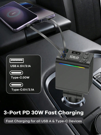 REMAX Bluetooth Car Charger With RGB Lighting And 29-Inch Retractable Cable; Supports PD 30W Fast Charging; Bluetooth 5.3, Supports Hands-Free Calling/Music Playback; Auto Reconnect; Type-C Interface