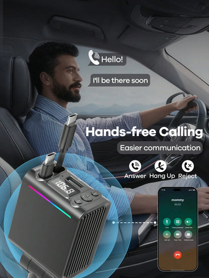 REMAX Bluetooth Car Charger With RGB Lighting And 29-Inch Retractable Cable; Supports PD 30W Fast Charging; Bluetooth 5.3, Supports Hands-Free Calling/Music Playback; Auto Reconnect; Type-C Interface