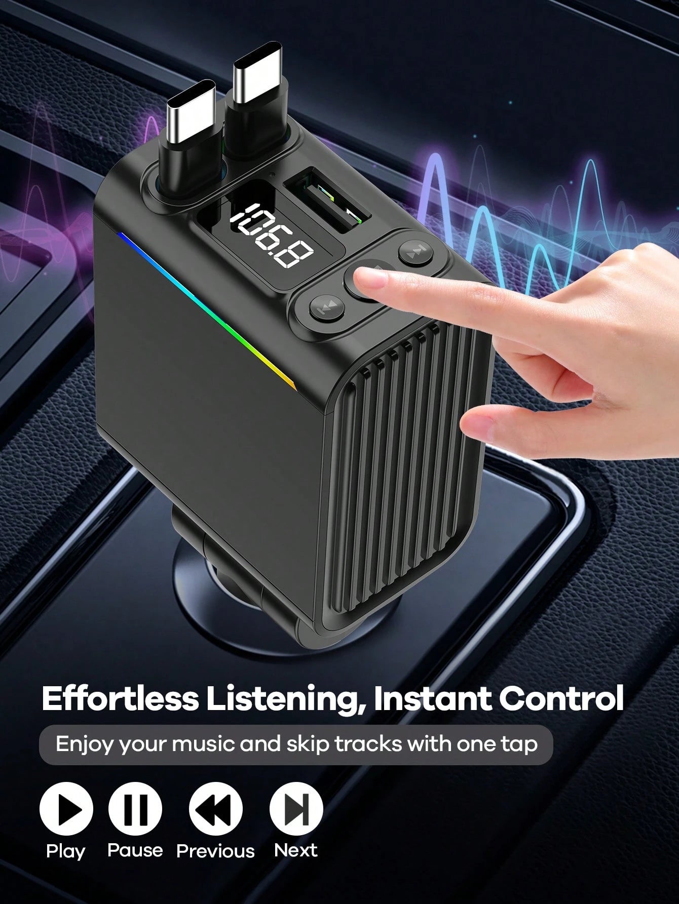 REMAX Bluetooth Car Charger With RGB Lighting And 29-Inch Retractable Cable; Supports PD 30W Fast Charging; Bluetooth 5.3, Supports Hands-Free Calling/Music Playback; Auto Reconnect; Type-C Interface