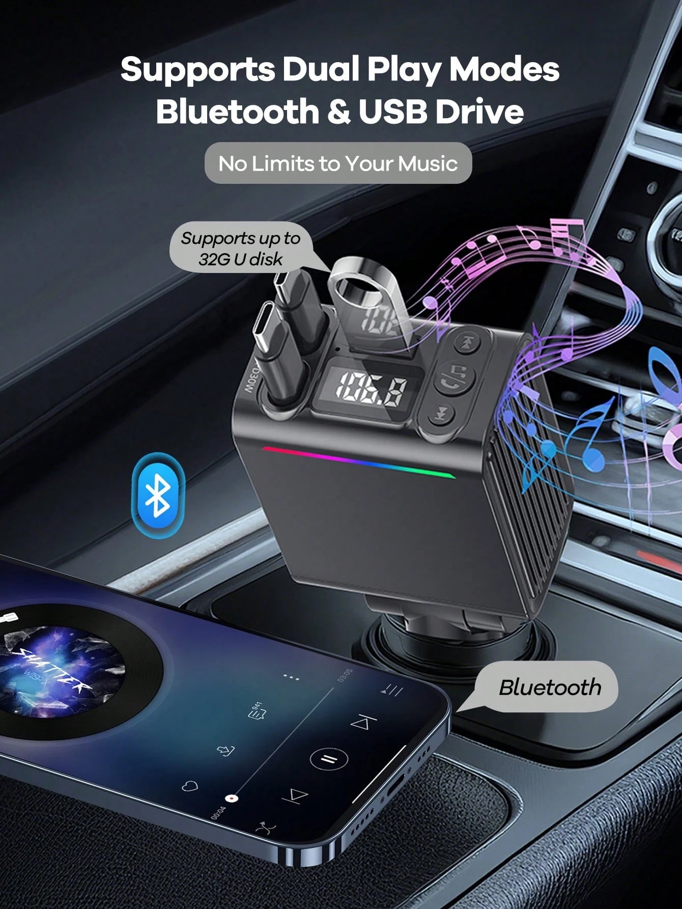 REMAX Bluetooth Car Charger With RGB Lighting And 29-Inch Retractable Cable; Supports PD 30W Fast Charging; Bluetooth 5.3, Supports Hands-Free Calling/Music Playback; Auto Reconnect; Type-C Interface