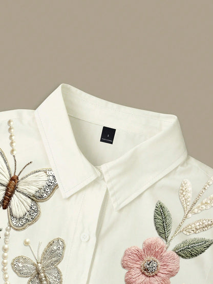 Resyla Plus Size Women's Vacation Butterfly Floral Print Pocket Short Sleeve Top