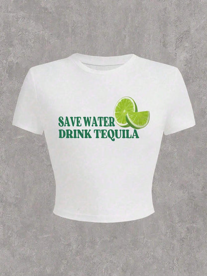 Resyla White Summer Casual Graphic Streetwear Vacation Holiday Lively Lemon & Letter Printed T-Shirt Women,Regular Fit SAVE WATER DRINK TEQUILA Tees Tops