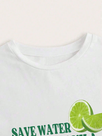 Resyla White Summer Casual Graphic Streetwear Vacation Holiday Lively Lemon & Letter Printed T-Shirt Women,Regular Fit SAVE WATER DRINK TEQUILA Tees Tops