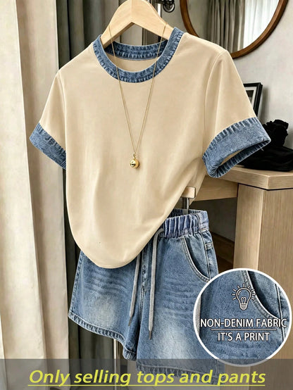 Resyla Women's 2-Piece Set, Round Neck Short Sleeve T-Shirt And Shorts, Loose Fit Casual Outfit, Suitable For Daily Wear And Date Occasions, Summer Women's Clothing Set, Latest Women's Apparel