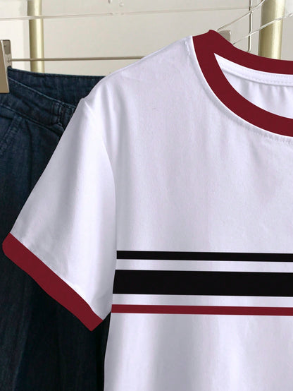 Resyla Women's Colorblock Striped Graphic Print Short Sleeve Casual Round Neck T-Shirt