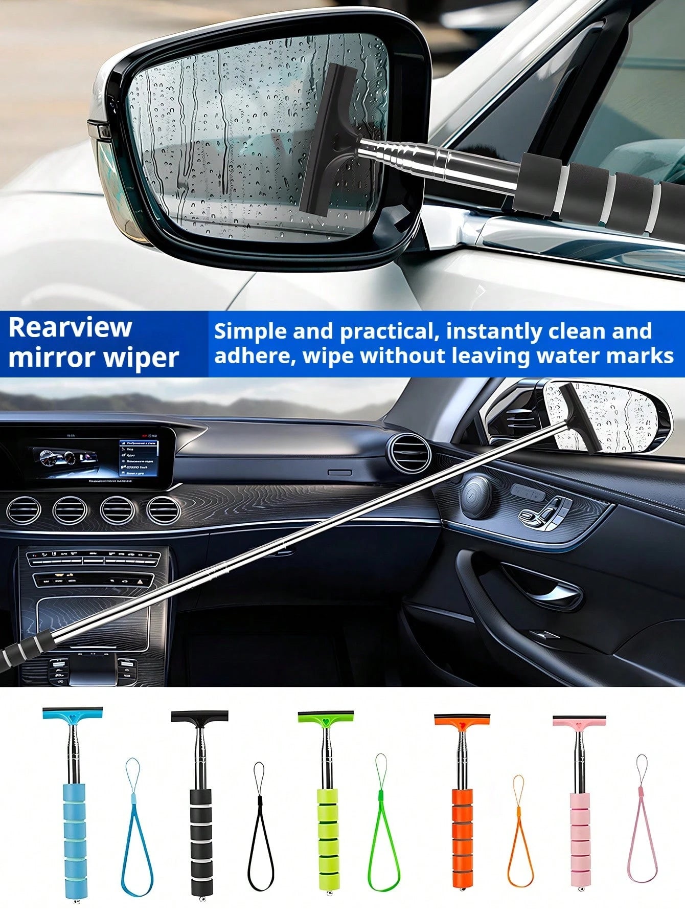 Retractable Car Rearview Mirror Windshield Wiper, Mini Car Window Cleaning Squeegee