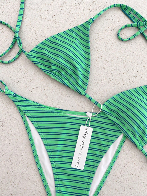 Retro Blue & Green Striped Spaghetti Strap Tie Bikini Set, Sexy Push-Up High Waist Fitted 2-Piece Swimsuit, Suitable For Women Summer Vacation