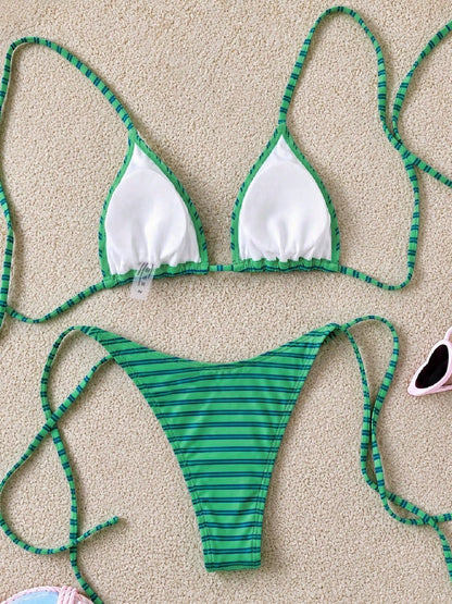 Retro Blue & Green Striped Spaghetti Strap Tie Bikini Set, Sexy Push-Up High Waist Fitted 2-Piece Swimsuit, Suitable For Women Summer Vacation