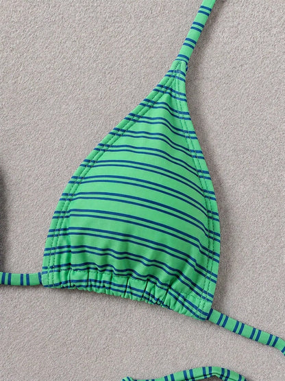 Retro Blue & Green Striped Spaghetti Strap Tie Bikini Set, Sexy Push-Up High Waist Fitted 2-Piece Swimsuit, Suitable For Women Summer Vacation