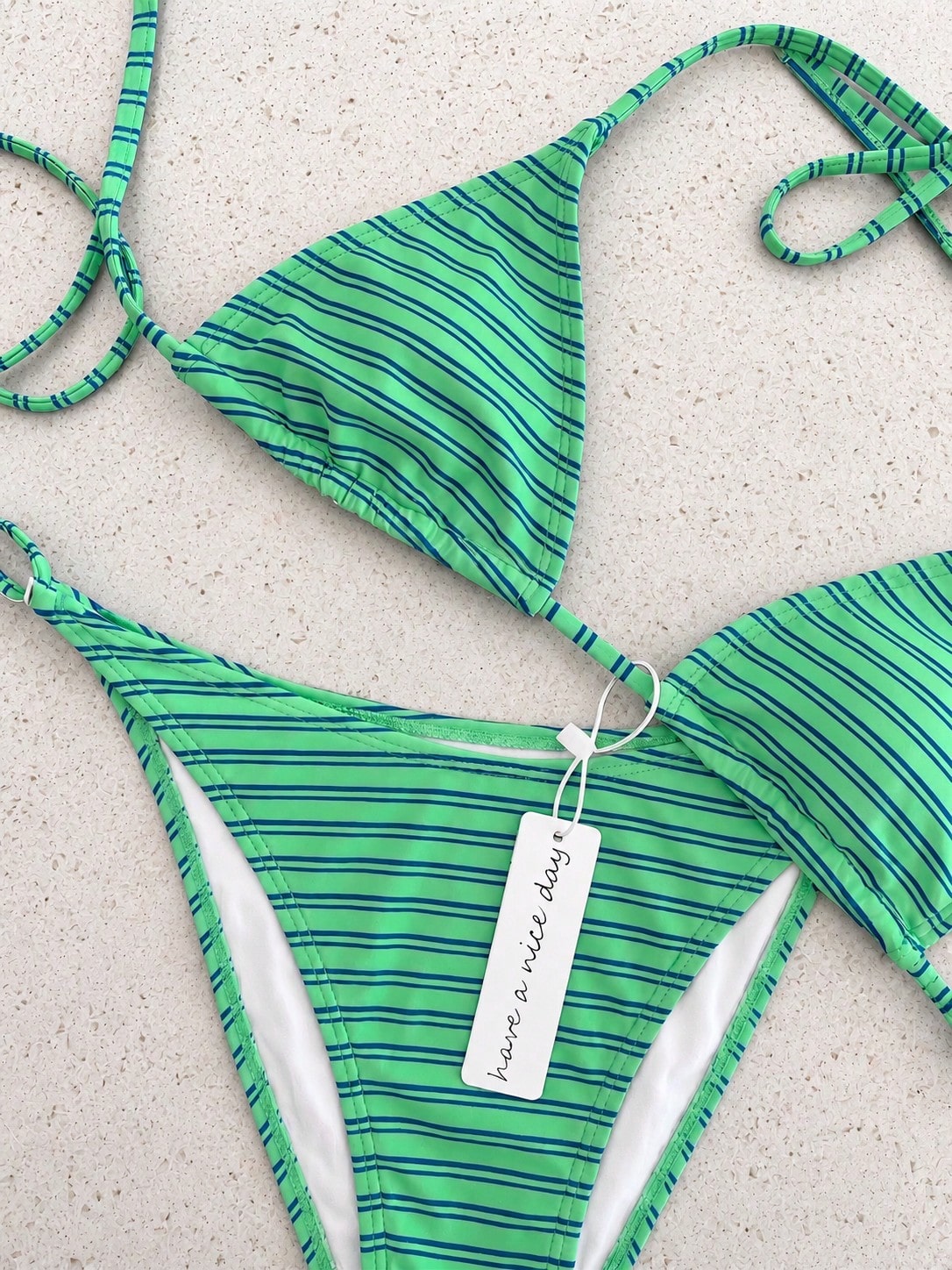 Retro Blue & Green Striped Spaghetti Strap Tie Bikini Set, Sexy Push-Up High Waist Fitted 2-Piece Swimsuit, Suitable For Women Summer Vacation
