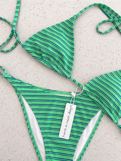 Retro Blue & Green Striped Spaghetti Strap Tie Bikini Set, Sexy Push-Up High Waist Fitted 2-Piece Swimsuit, Suitable For Women Summer Vacation