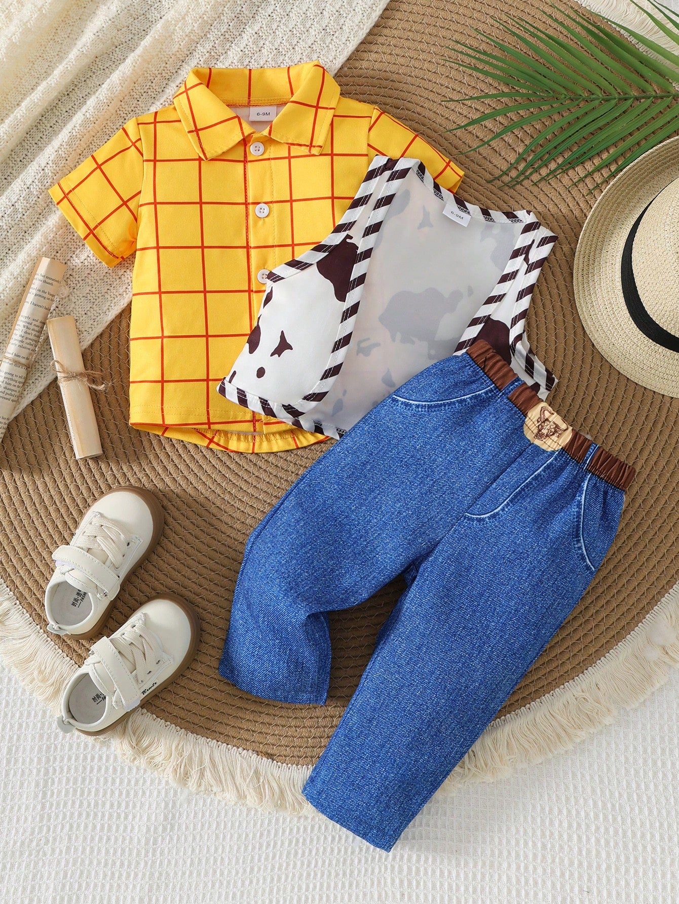 Retro Denim Three-Piece Set: Yellow And Red Plaid Shirt + Cow Print Vest + Jeans- A Fun Party Outfit.