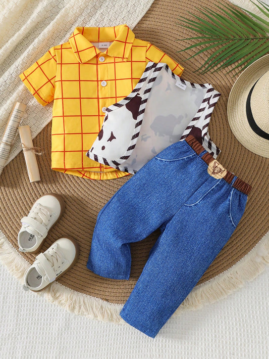 Retro Denim Three-Piece Set: Yellow And Red Plaid Shirt + Cow Print Vest + Jeans- A Fun Party Outfit.