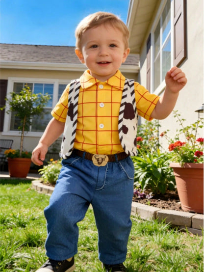 Retro Denim Three-Piece Set: Yellow And Red Plaid Shirt + Cow Print Vest + Jeans- A Fun Party Outfit.