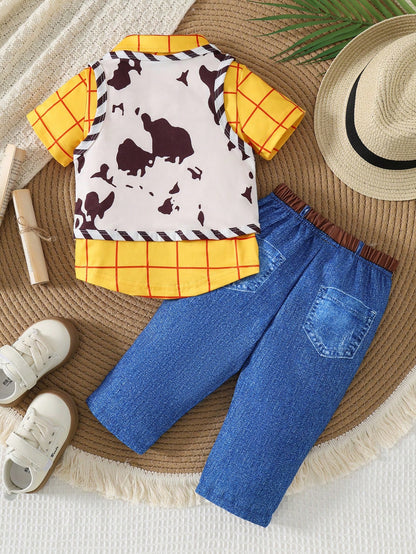 Retro Denim Three-Piece Set: Yellow And Red Plaid Shirt + Cow Print Vest + Jeans- A Fun Party Outfit.
