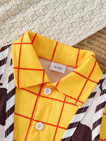 Retro Denim Three-Piece Set: Yellow And Red Plaid Shirt + Cow Print Vest + Jeans- A Fun Party Outfit.