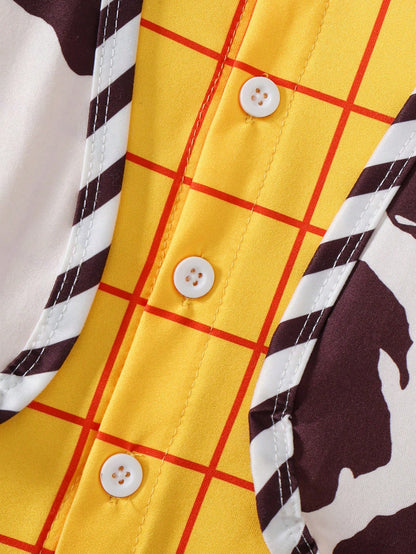 Retro Denim Three-Piece Set: Yellow And Red Plaid Shirt + Cow Print Vest + Jeans- A Fun Party Outfit.