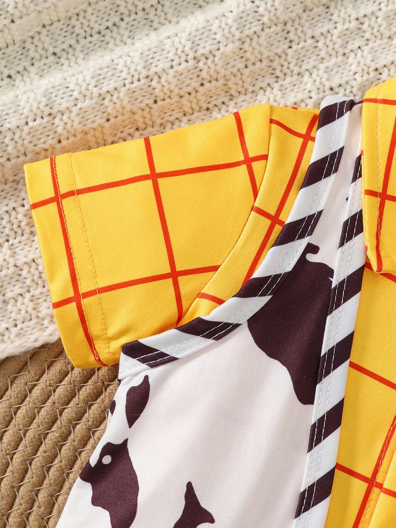Retro Denim Three-Piece Set: Yellow And Red Plaid Shirt + Cow Print Vest + Jeans- A Fun Party Outfit.