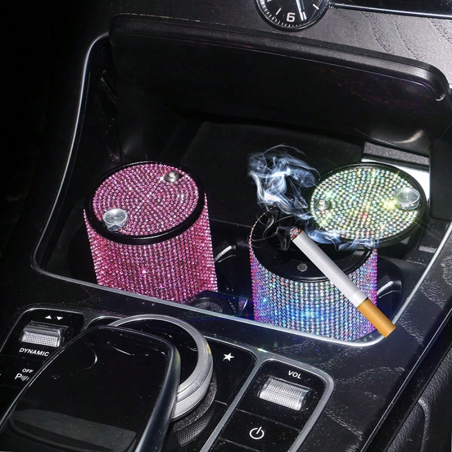 Rhinestone Alloy Car Ashtray, Creative Fireproof Auto Ash Tray With Lid & Universal Car Interior Accessories