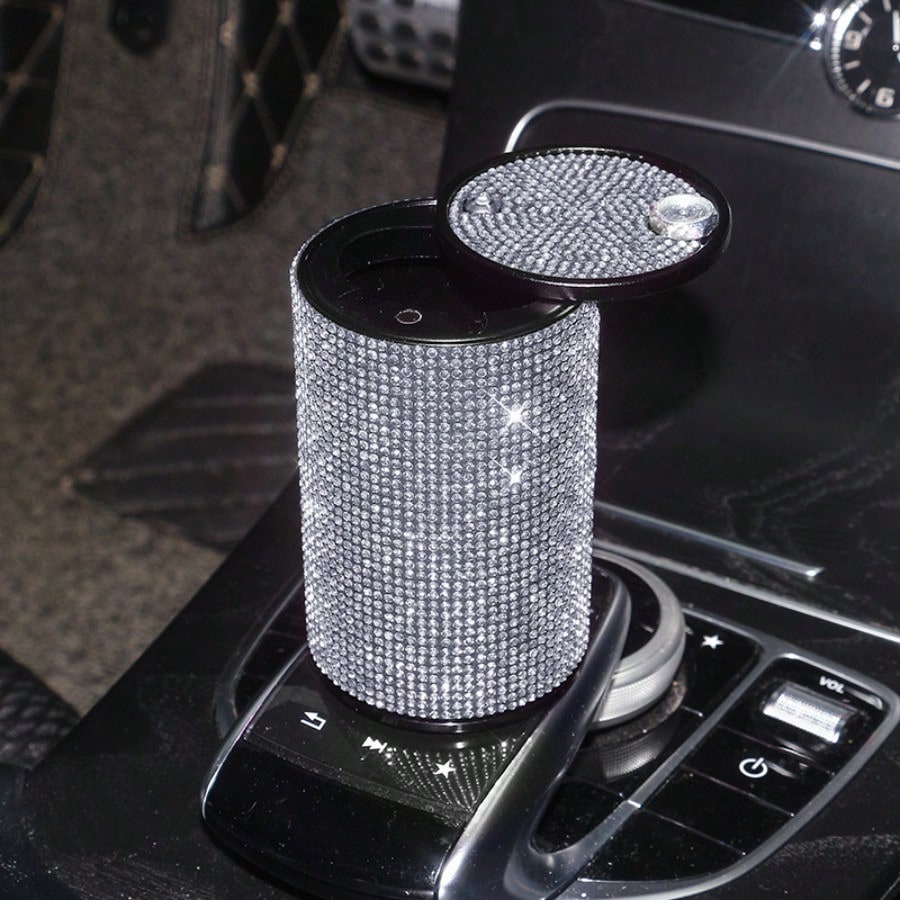 Rhinestone Alloy Car Ashtray, Creative Fireproof Auto Ash Tray With Lid & Universal Car Interior Accessories